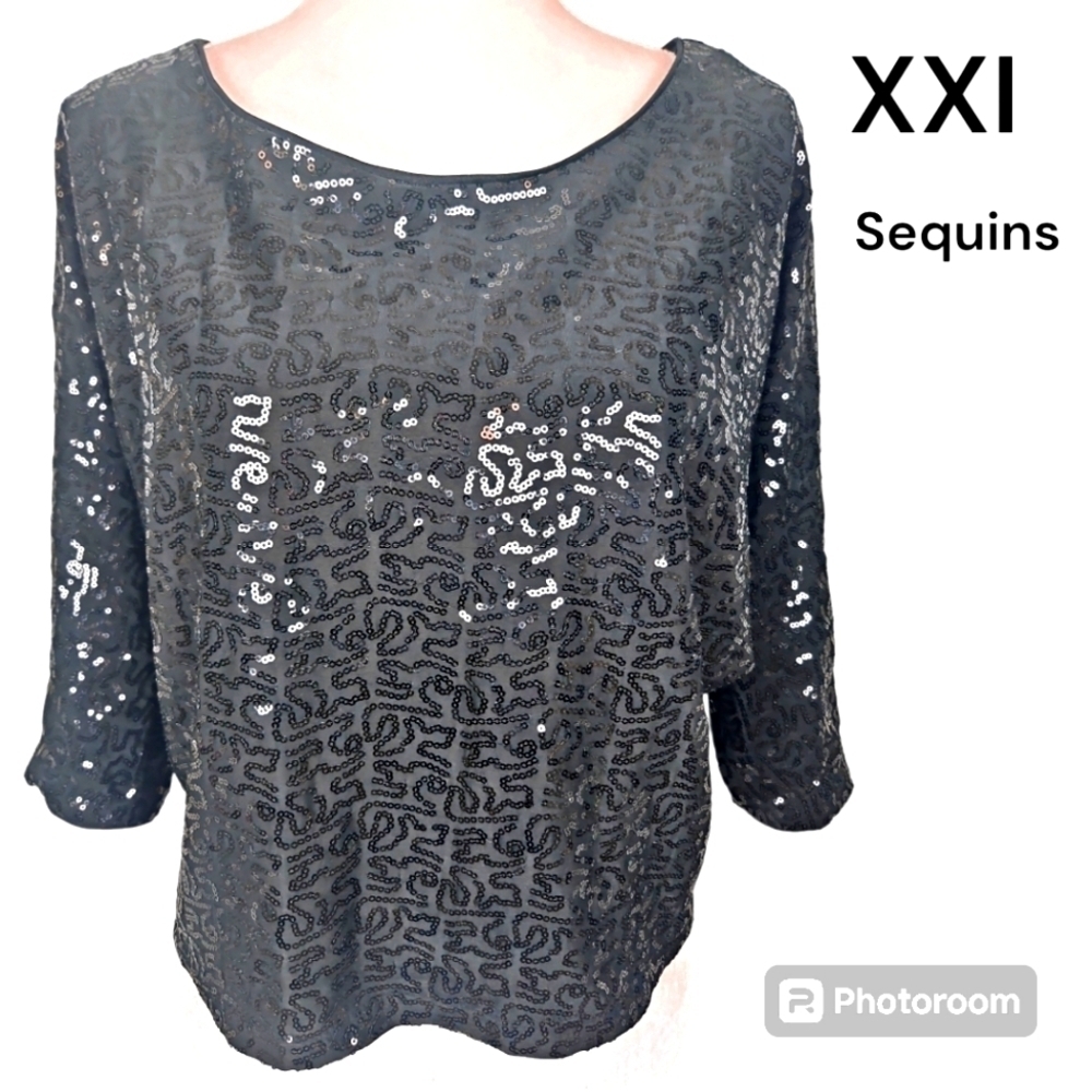 XXI Sequin Top 3/4 Dolman Sleeve Medium Crop Length Black Forever 21 VGUC